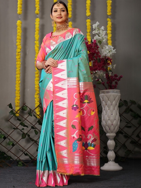 

Anaita Turquoise Blue & Silver-Toned Ethnic Motifs Pure Silk Banarasi Saree