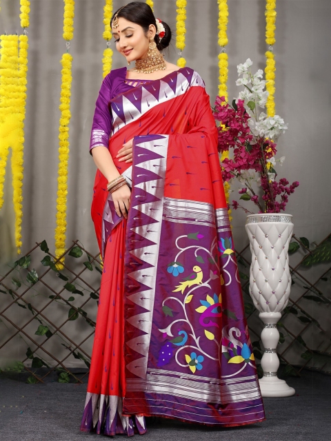 

Anaita Red & Silver-Toned Woven Design Zari Pure Silk Banarasi Saree