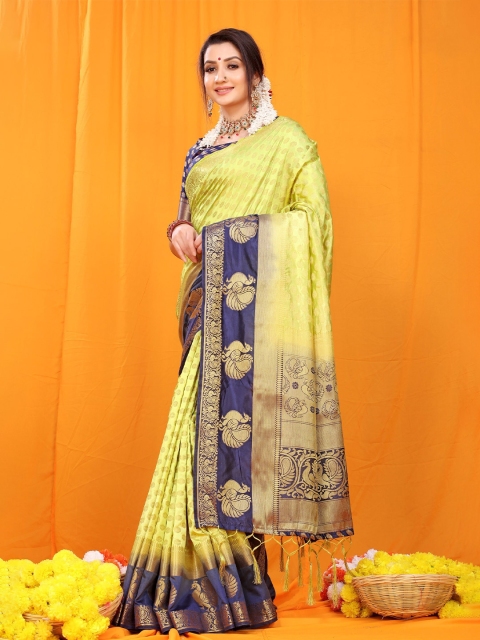 

Anaita Lime Green & Blue Woven Design Zari Pure Silk Banarasi Saree