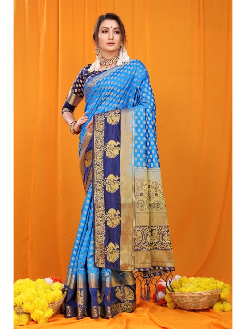 

Anaita Blue & Gold-Toned Ethnic Motifs Zari Pure Silk Banarasi Saree