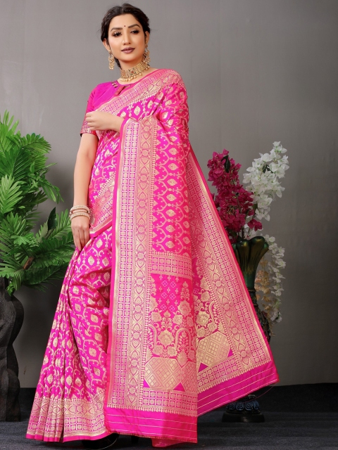 

Anaita Pink & Gold-Toned Ethnic Motifs Zari Pure Silk Banarasi Saree