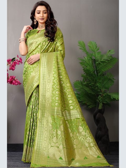 

Anaita Green & Gold-Toned Ethnic Motifs Zari Pure Silk Banarasi Saree