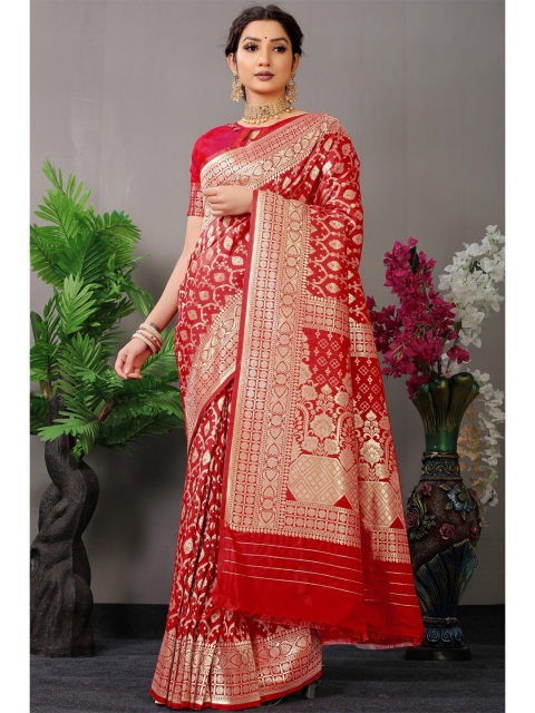 

Anaita Red & Gold-Toned Ethnic Motifs Zari Pure Silk Banarasi Saree
