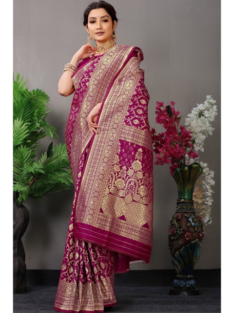 

Anaita Purple & Gold-Toned Ethnic Motifs Zari Pure Silk Banarasi Saree
