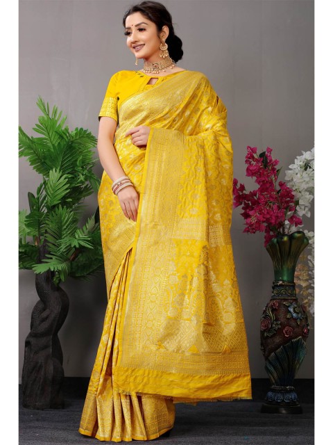 

Anaita Yellow & Grey Floral Zari Pure Silk Banarasi Saree