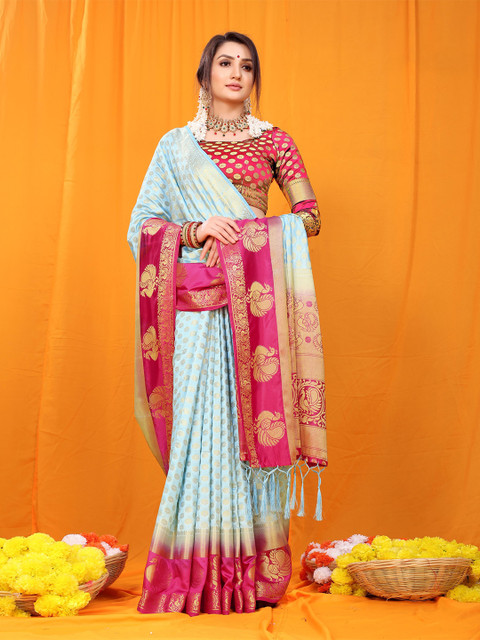 

Anaita Turquoise Blue & Pink Ethnic Motifs Zari Pure Silk Banarasi Saree