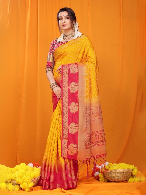 

Anaita Women Yellow & Gold-Toned Woven Design Zari Pure Silk Banarasi Saree