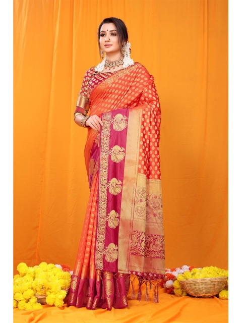 

Anaita Orange & Gold-Toned Ethnic Motifs Zari Pure Silk Banarasi Saree