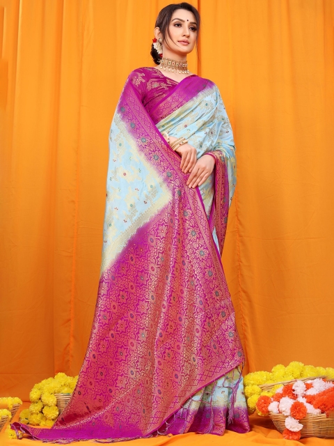 

Anaita Turquoise Blue & Gold-Toned Woven Design Zari Pure Silk Banarasi Saree