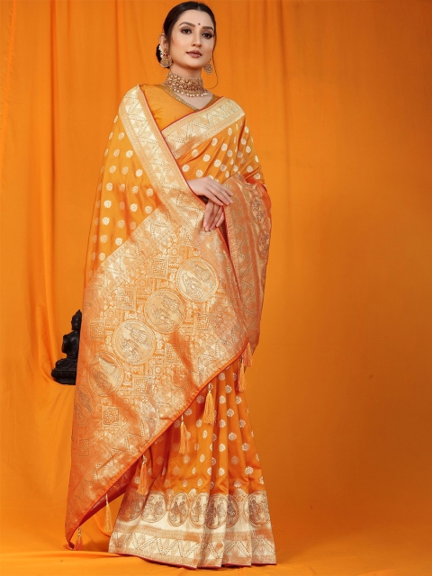 

Anaita Women Mustard & Grey Floral Zari Pure Silk Banarasi Saree