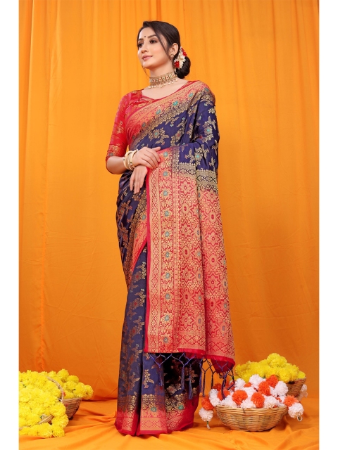 

Anaita Navy Blue & Red Ethnic Motifs Woven Design Zari Pure Silk Banarasi Saree