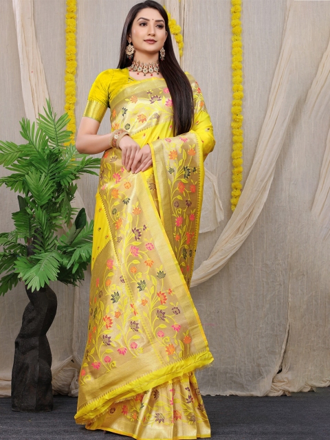 

Anaita Yellow & Orange Floral Zari Pure Silk Banarasi Saree