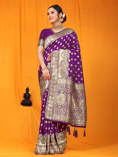 

Anaita Purple & Gold-Toned Woven Design Zari Pure Silk Banarasi Saree