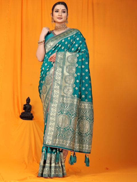 

Anaita Teal & Gold-Toned Ethnic Motifs Zari Pure Silk Banarasi Saree