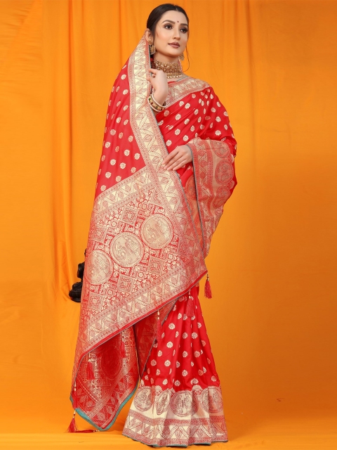 

Anaita Red & Gold-Toned Ethnic Motifs Zari Pure Silk Banarasi Saree