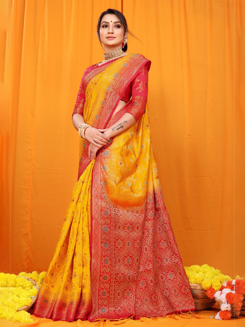 

Anaita Yellow & Red Woven Design Zari Pure Silk Banarasi Saree