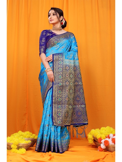 

Anaita Women Blue & Navy Blue Floral Zari Pure Silk Banarasi Saree