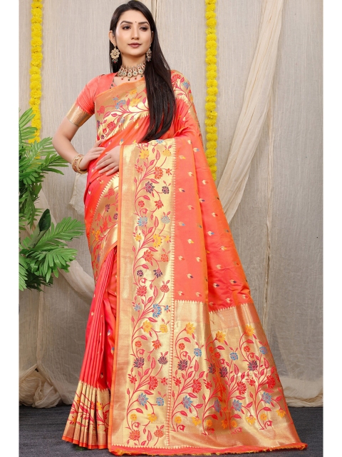 

Anaita Peach-Coloured & Gold-Toned Ethnic Motifs Zari Pure Silk Banarasi Saree