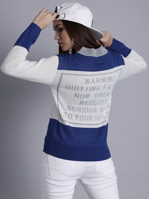

Kook N Keech Women Off-White & Blue Colourblocked Sweater