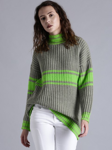 

Kook N Keech Women Grey & Fluorescent Green Self Design Pullover