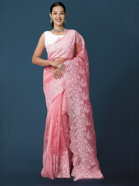 

Unnati Silks Pink & White Floral Embroidered Organza Baluchari Saree