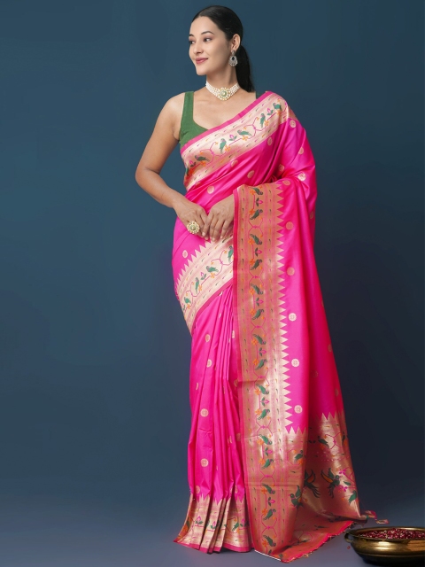 

Unnati Silks Pink & Green Floral Zari Silk Blend Paithani Saree