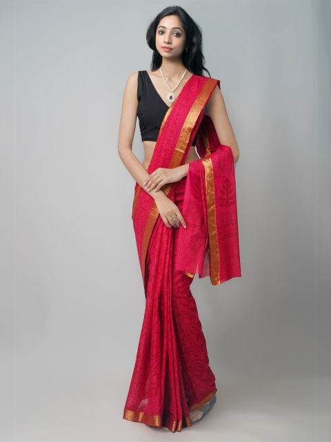 

Unnati Silks Pink & Gold Ethnic Motifs Printed Zari Pure Cotton Venkatgiri Saree