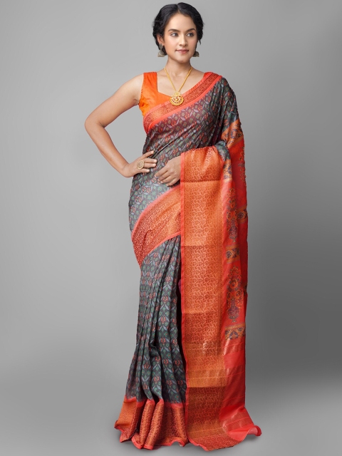 

Unnati Silks Blue & Red Kalamkari Zari Silk Cotton Maheshwari Saree