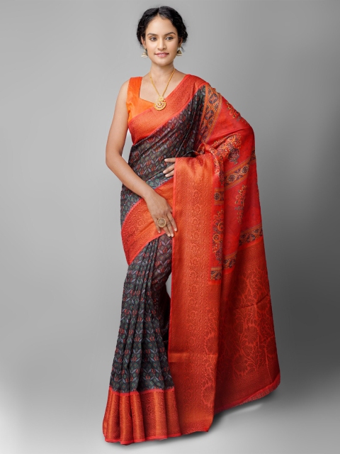 

Unnati Silks Black & Red Floral Zari Silk Cotton Maheshwari Saree