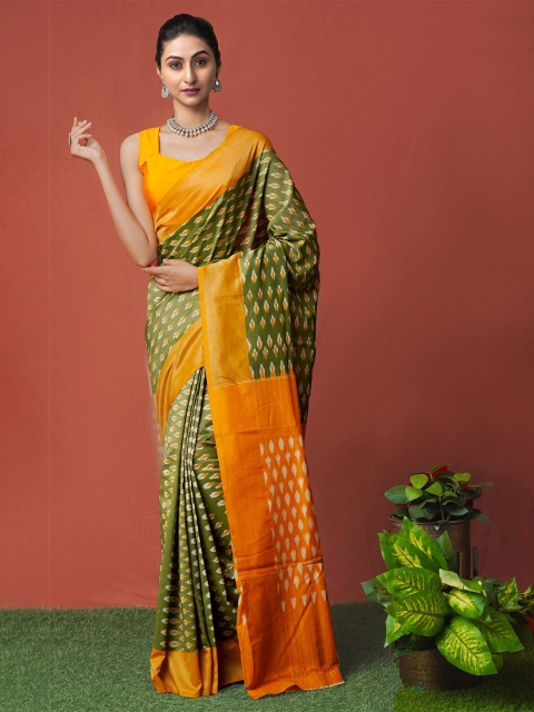 

Unnati Silks Green & Orange Pure Cotton Pochampally Saree