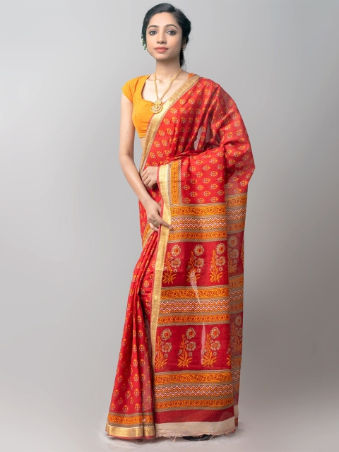 

Unnati Silks Red & Mustard Yellow Floral Zari Pure Cotton Kovai Saree
