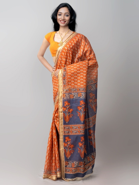 

Unnati Silks Orange & Blue Ethnic Motifs Zari Pure Cotton Kovai Saree