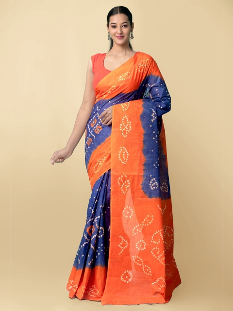 

Unnati Silks Navy Blue & Orange Printed Pure Cotton Bandhani Saree