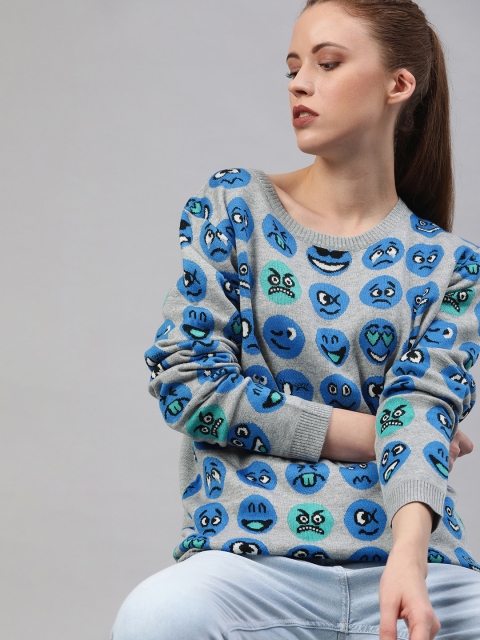 

Kook N Keech Women Grey Melange & Blue Self Design Pullover Sweater