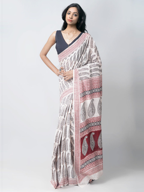 

Unnati Silks White & Black Paisley Pure Cotton Maheshwari Saree