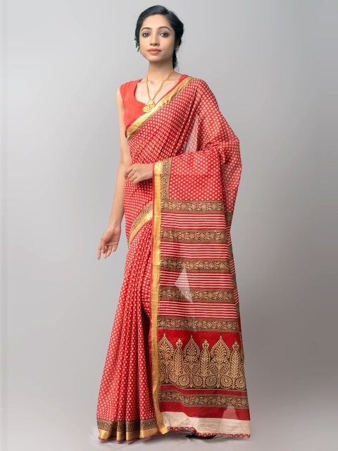 

Unnati Silks Red & White Ethnic Motifs Zari Pure Cotton Kovai Saree