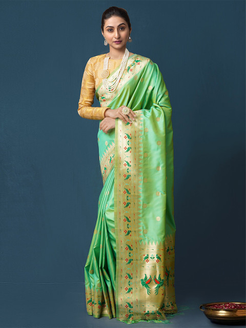 

Unnati Silks Green & Gold-Toned Ethnic Motifs Zari Silk Blend Paithani Saree