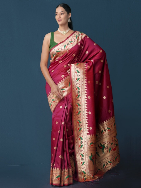 

Unnati Silks Maroon & Gold-Toned Woven Design Zari Silk Blend Paithani Saree