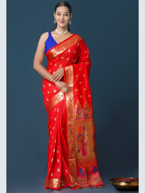 

Unnati Silks Red & Gold-Toned Woven Design Zari Silk Blend Paithani Saree