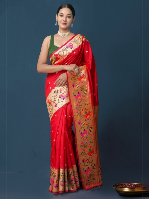 

Unnati Silks Red & Gold-Toned Floral Zari Silk Paithani Saree