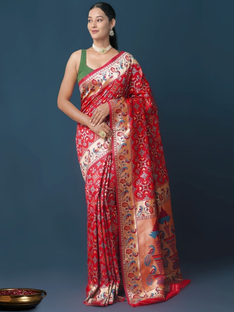 

Unnati Silks Red & Gold-Toned Woven Design Zari Silk Blend Paithani Saree