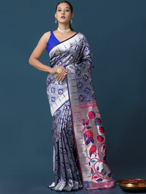 

Unnati Silks Navy Blue & Silver-Toned Ethnic Motifs Zari Silk Blend Paithani Saree