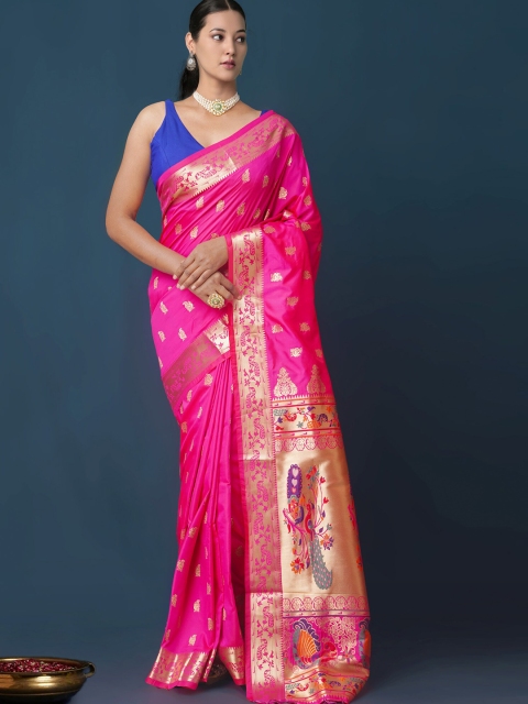 

Unnati Silks Pink & Gold-Toned Woven Design Zari Silk Paithani Saree