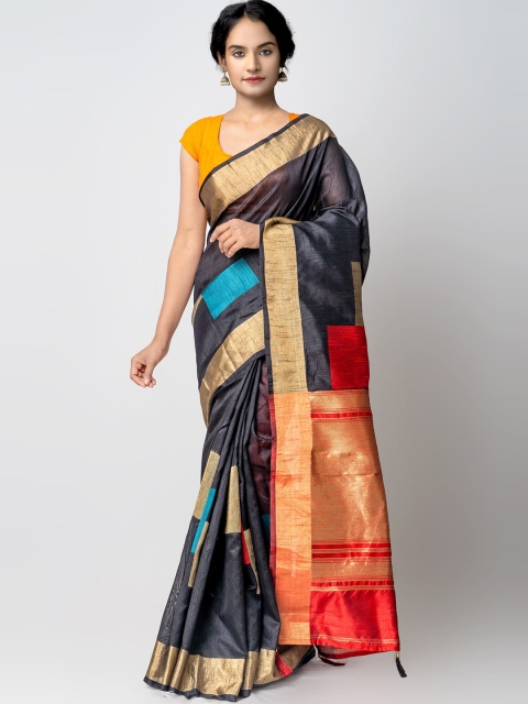 

Unnati Silks Black & Gold-Toned Woven Design Zari Silk Cotton Kanjeevaram Saree