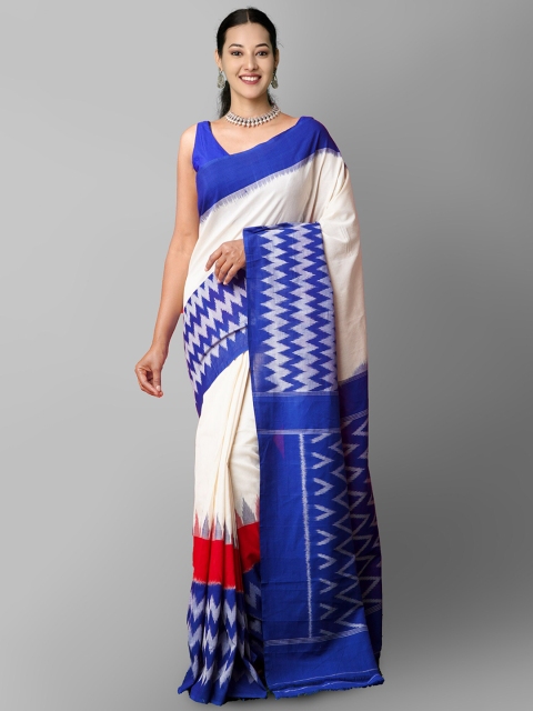 

Unnati Silks Cream-Coloured & Blue Pure Cotton Pochampally Saree