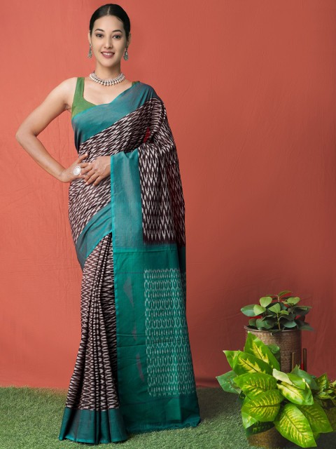 

Unnati Silks Brown & Blue Silk Cotton Pochampally Saree