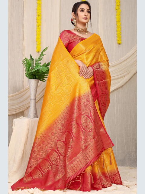 

Anaita Yellow & Red Woven Design Zari Pure Silk Banarasi Saree