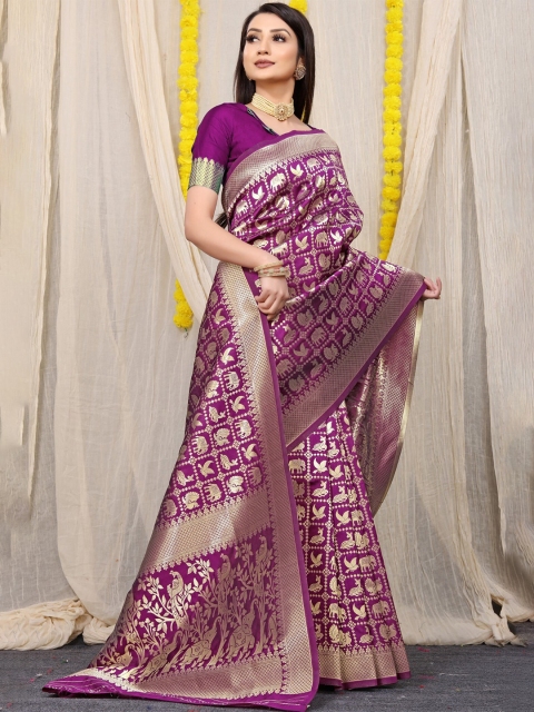 

Anaita Purple & Silver-Toned Woven Design Zari Pure Silk Banarasi Saree