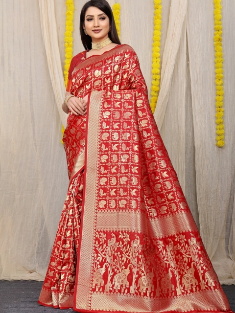 

Anaita Red & Gold-Toned Ethnic Motifs Zari Pure Silk Banarasi Saree