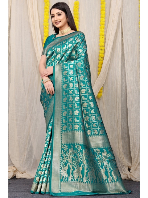 

Anaita Teal & Gold-Toned Woven Design Zari Pure Silk Banarasi Saree